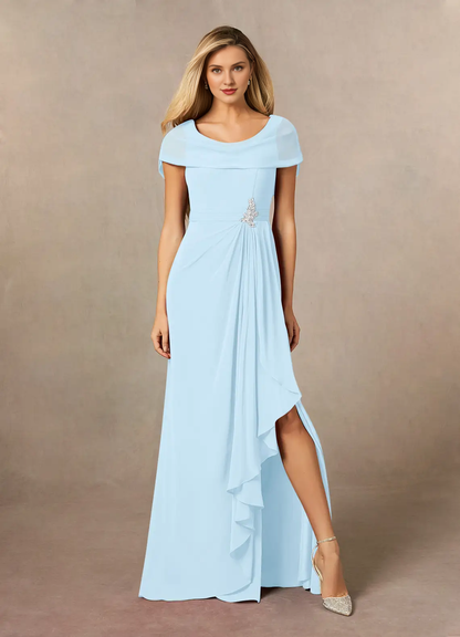 A-line side slit chiffon and floor length mother of the bride dress