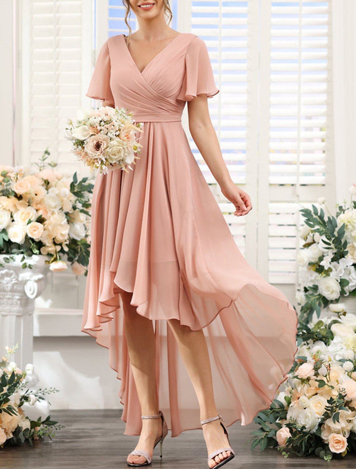 A-Line Bridesmaid Dress V Neck Short Sleeve Pink Asymmetrical Chiffon with Ruching / Solid Color