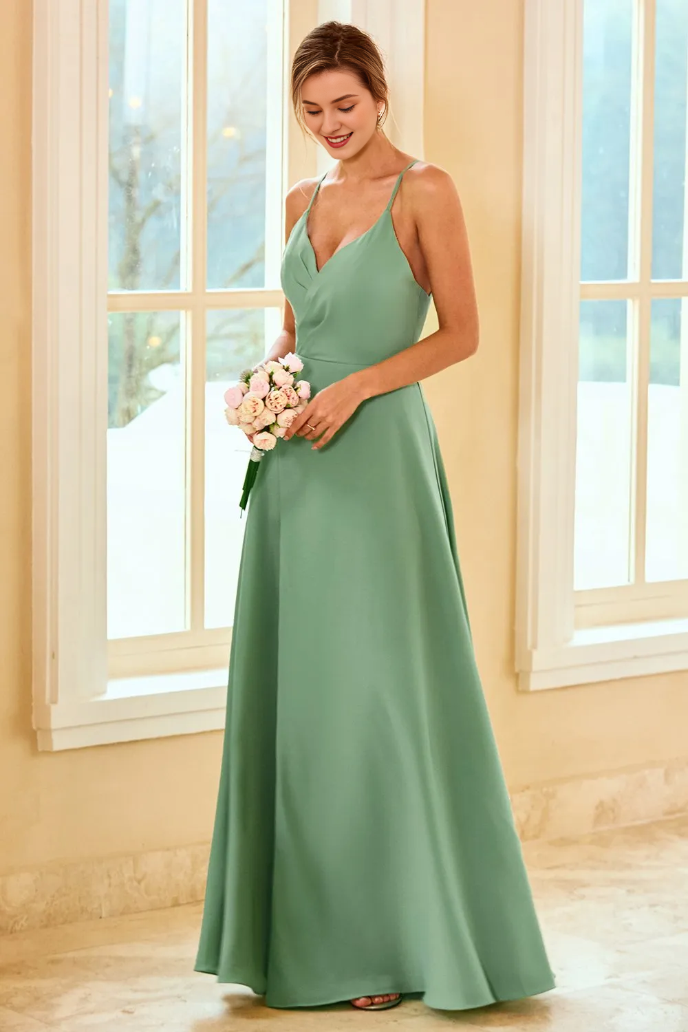 Light green slim shoulder strap slit backless and floor length bridesmaid dress