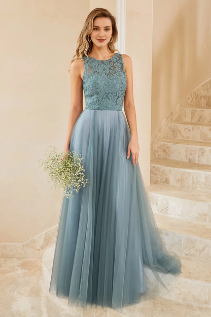 Grey blue lace chiffon sleeveless and floor length back strap bridesmaid dress