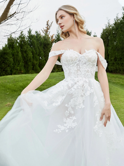 Embroidered off shoulder A-line wedding dress