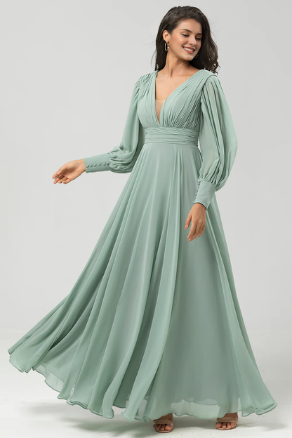 Matcha A-shaped detachable chiffon long sleeved bridesmaid dress