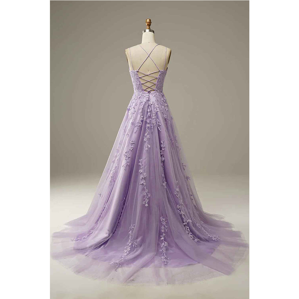 Purple sheer A-shaped sticker prom dress