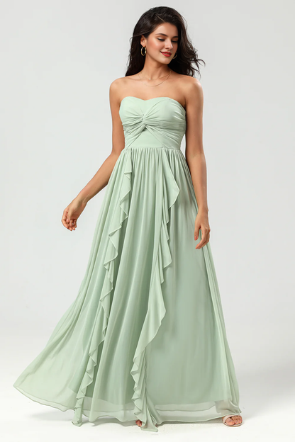 Dusty Sage A Line Sweetheart Long Knitted Chiffon Ruffle Bridesmaid Dress