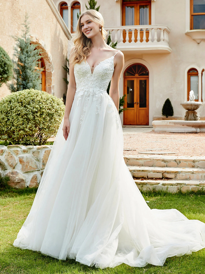 Lace chiffon pleated church trailing wedding dress