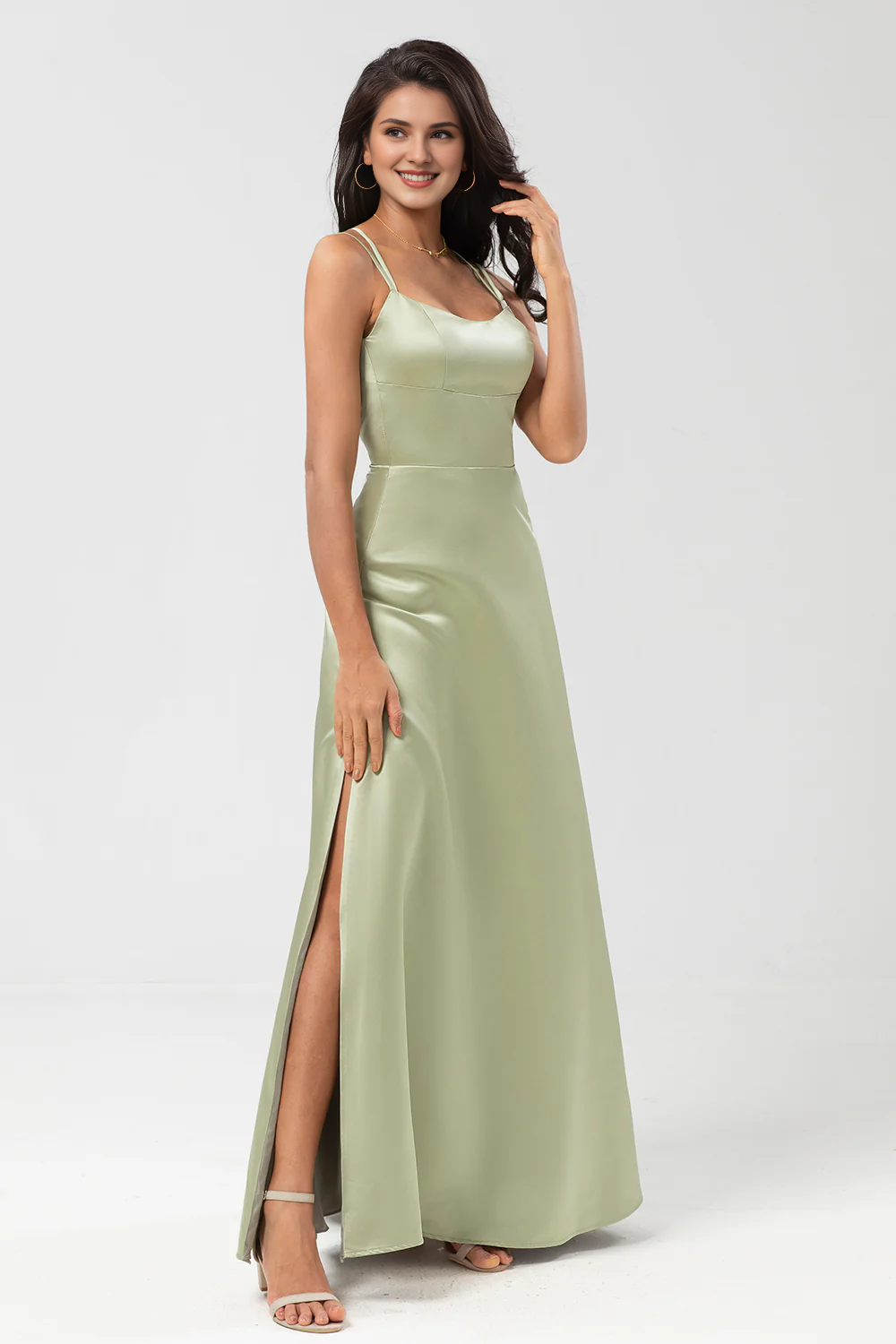 Dusty Sage A-line thin shoulder strap and floor length slit satin bridesmaid dress