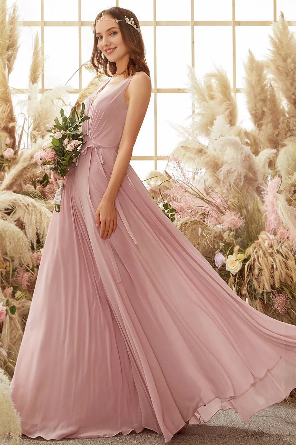 Pink V-neck long chiffon bridesmaid dress