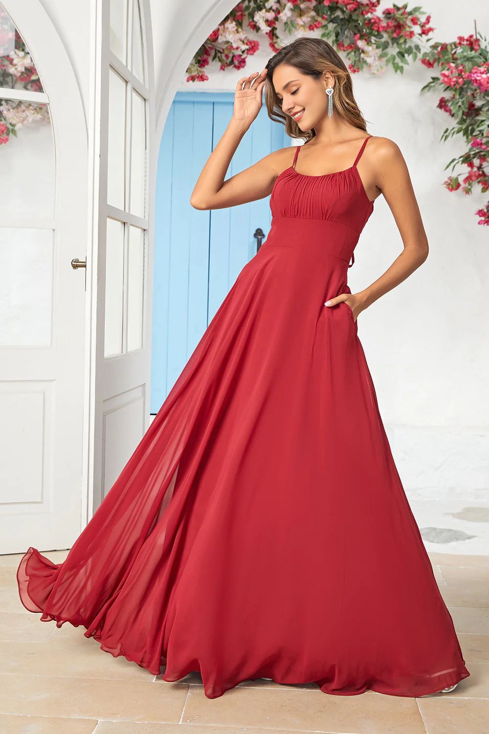 Wine red A-line thin shoulder chiffon long bridesmaid dress