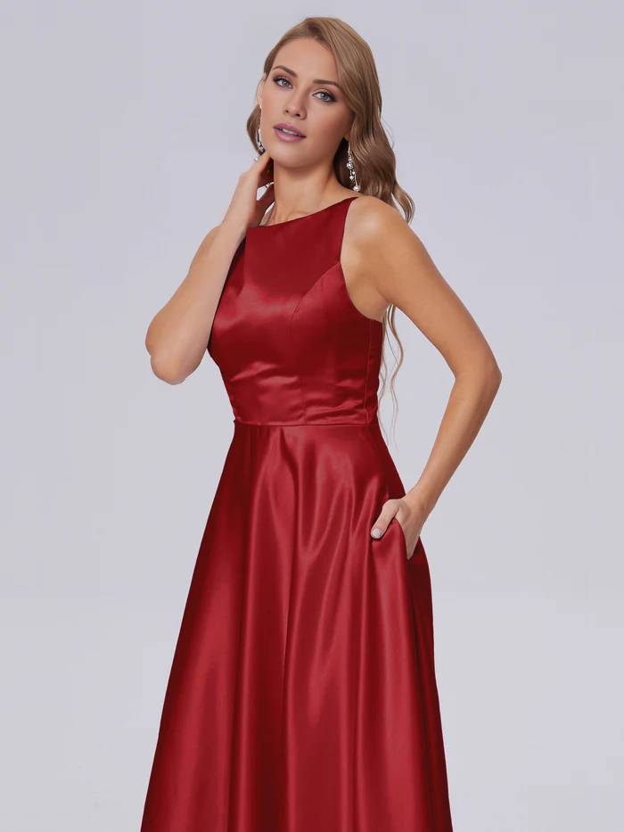 Sleeveless backless satin and floor length bridesmaid dress