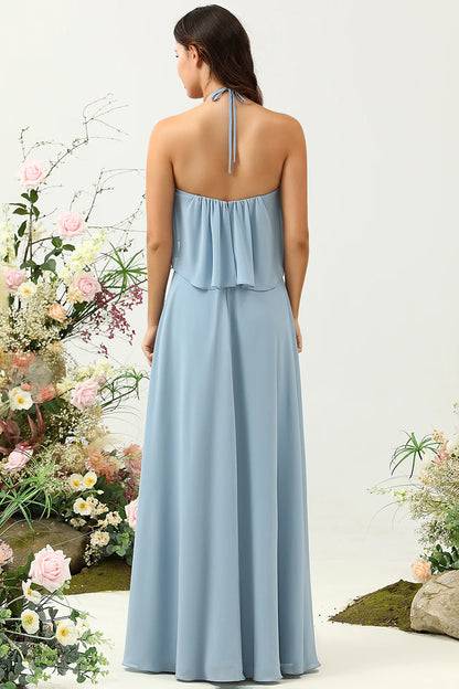 Mist A Line Ruffle Hanging Neck Sleeveless Chiffon Bridesmaid Dress