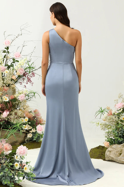 Grey blue mermaid one shoulder pleated bright satin bridesmaid dress