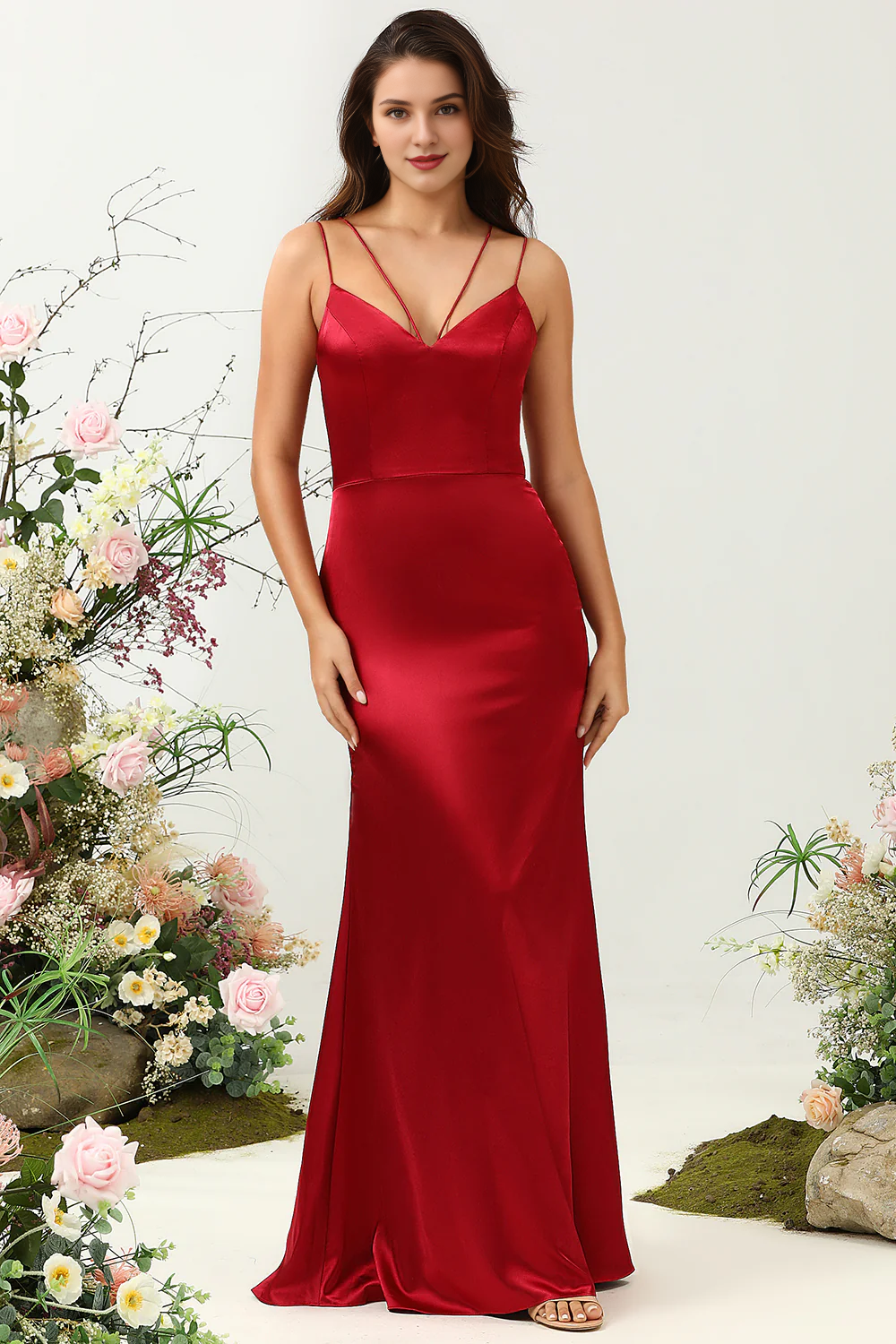 Tail tail thin shoulder strap backless wine red satin long bridesmaid dress