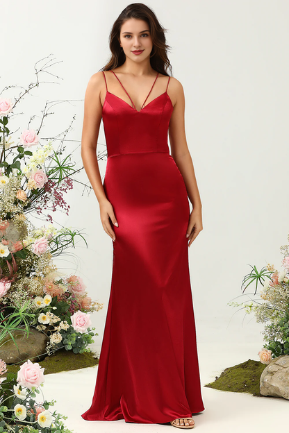 Tail tail thin shoulder strap backless wine red satin long bridesmaid dress