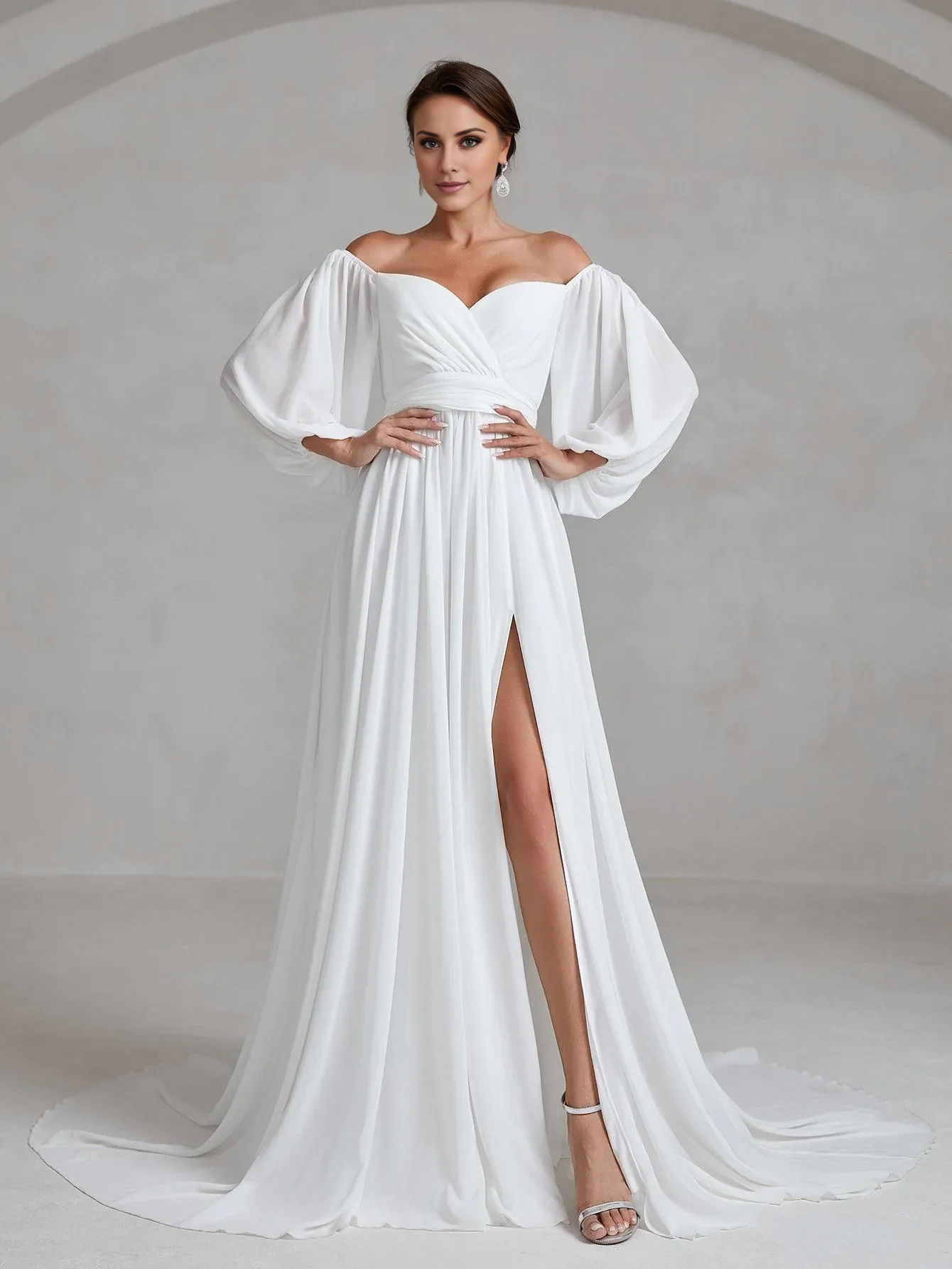 Off shoulder lantern sleeve chiffon side slit and floor length wedding dress