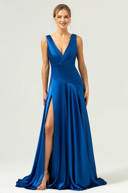 A-line V-neck satin pleated long slit dark blue bridesmaid dress