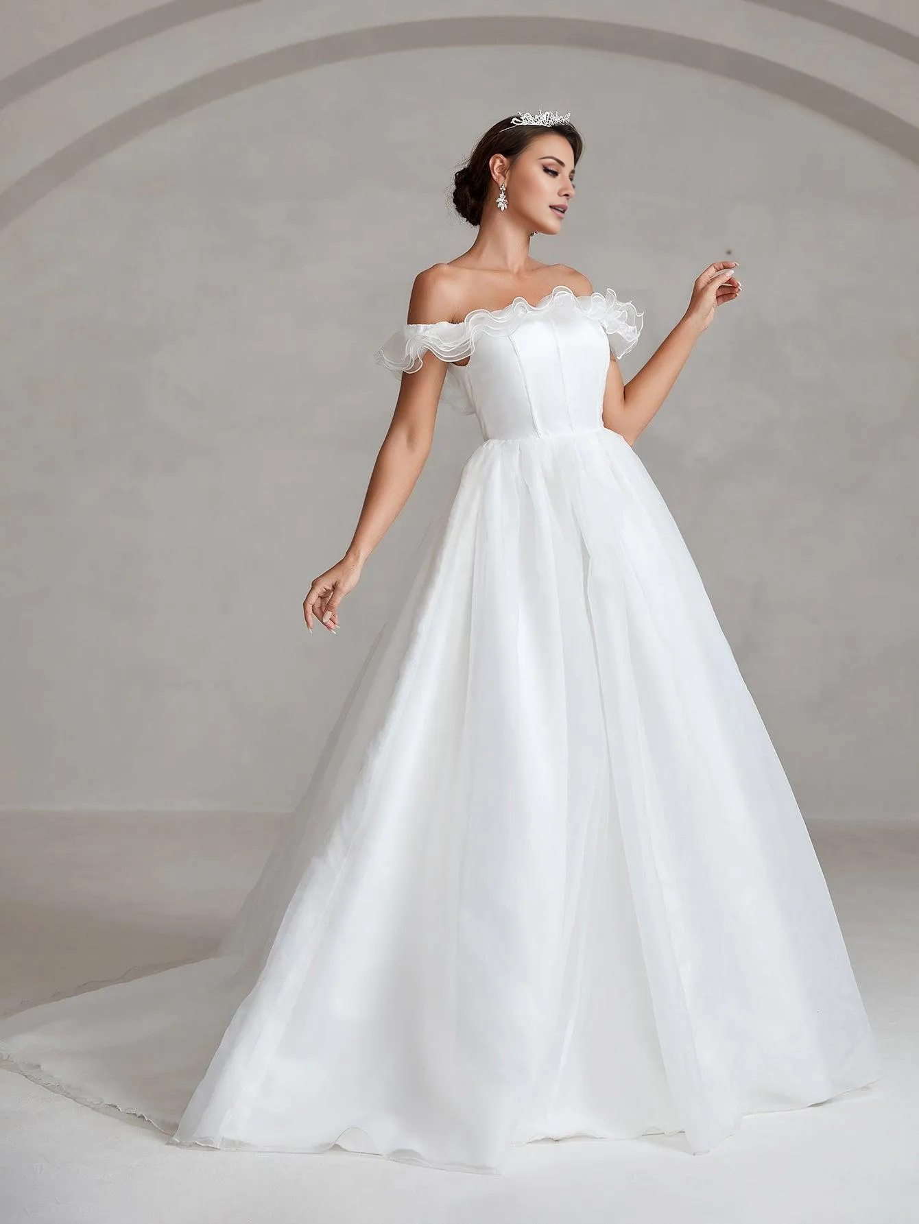 Off shoulder satin tight corset and floor length wedding dress