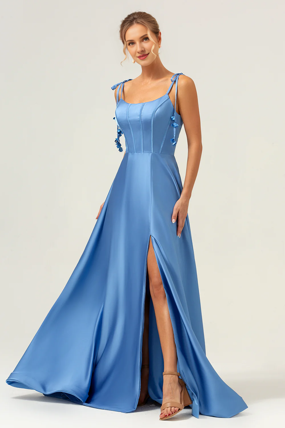 A-line slim shoulder strap tight corset tie back long blue slit bridesmaid dress