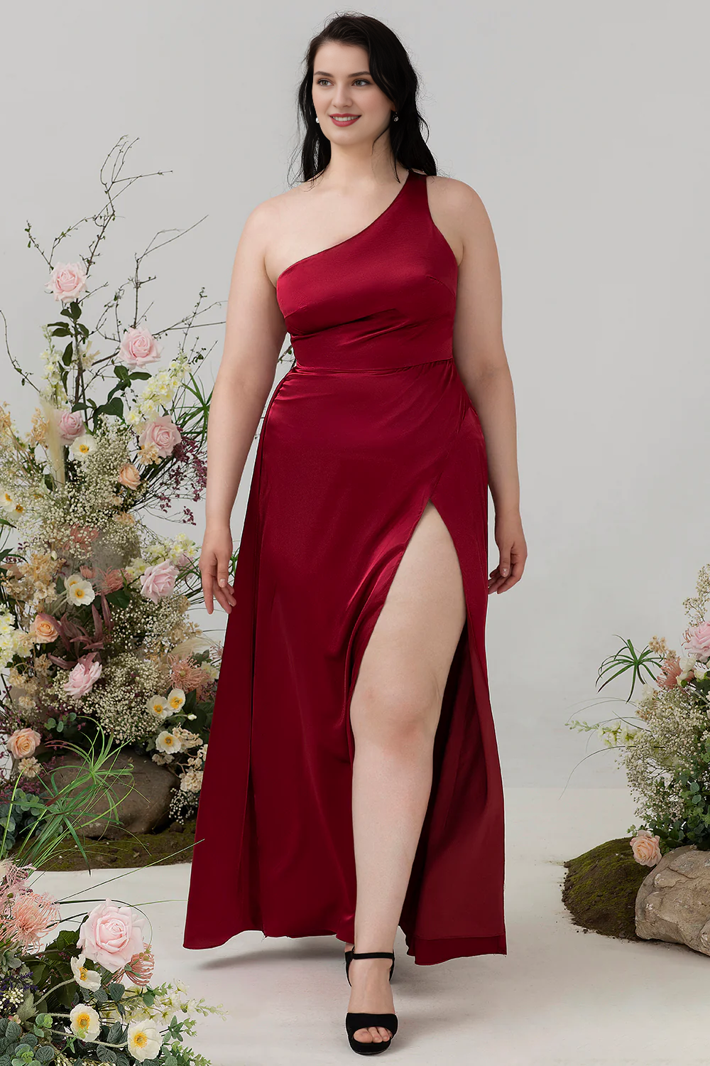 Wine red tight thin shoulder strap shiny satin plus slit bridesmaid dress