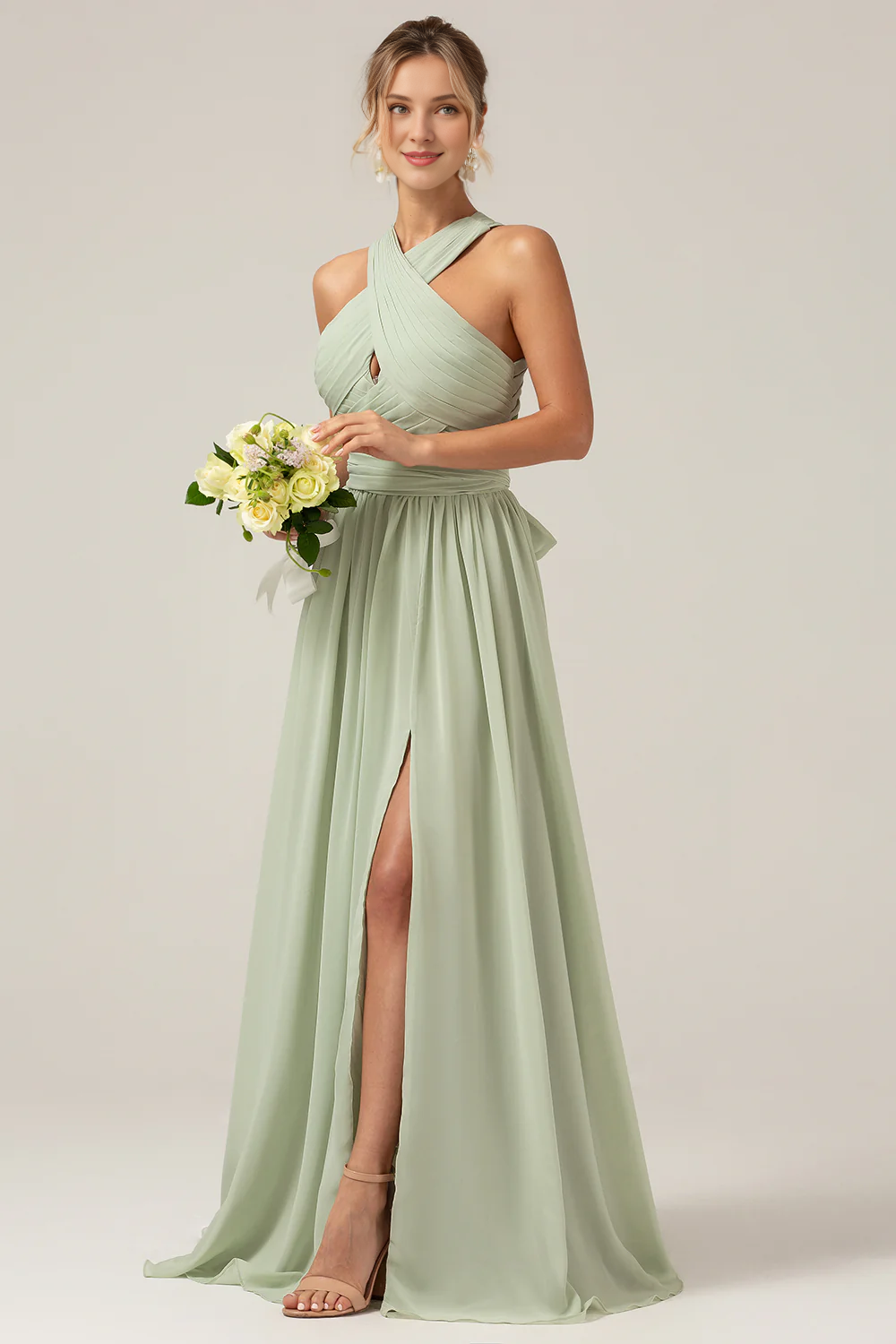 Dusty Sage A-line neck hanging pleated long bridesmaid dress