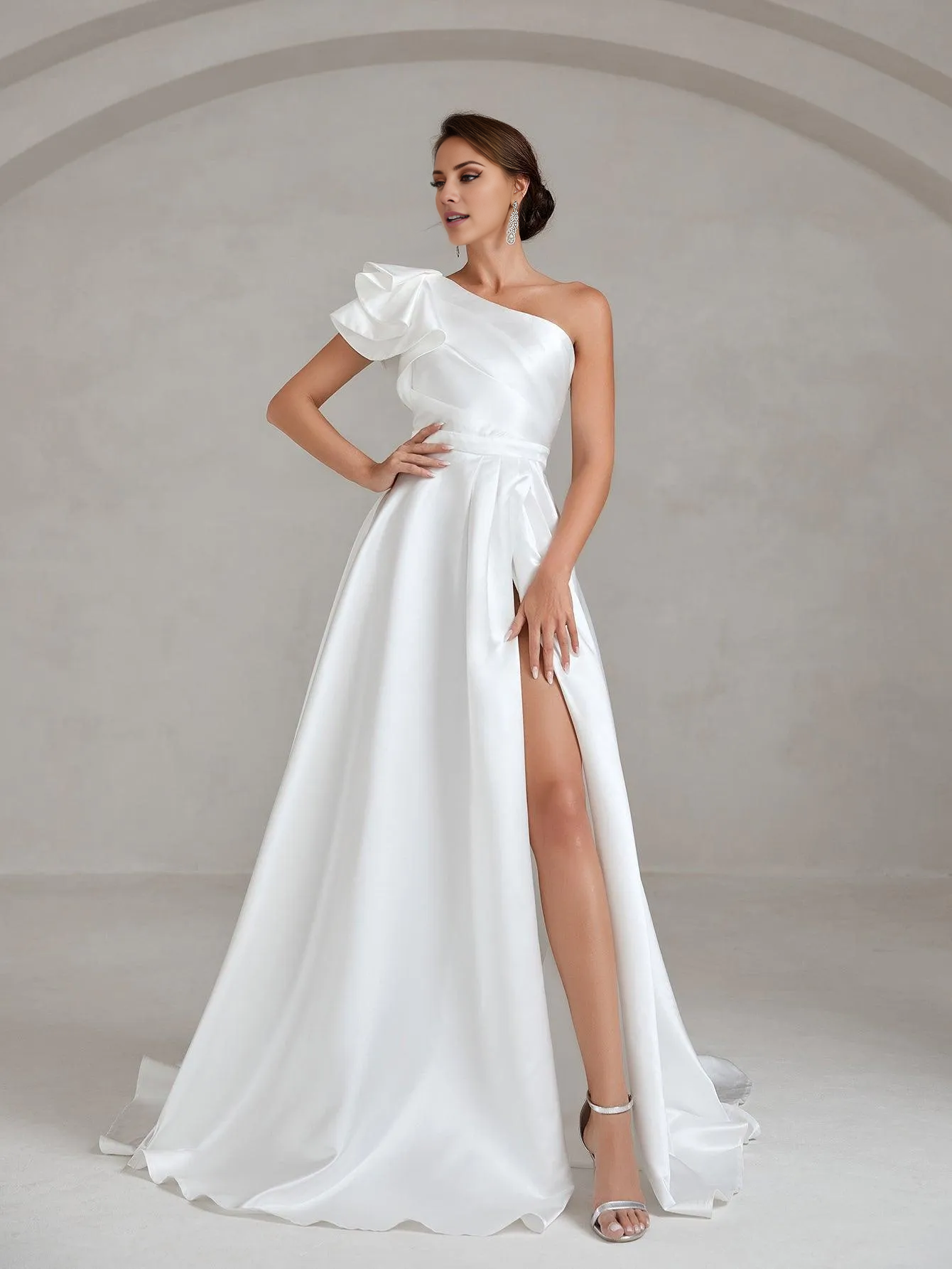 One shoulder satin side slit with ruffle edge and floor length wedding dress