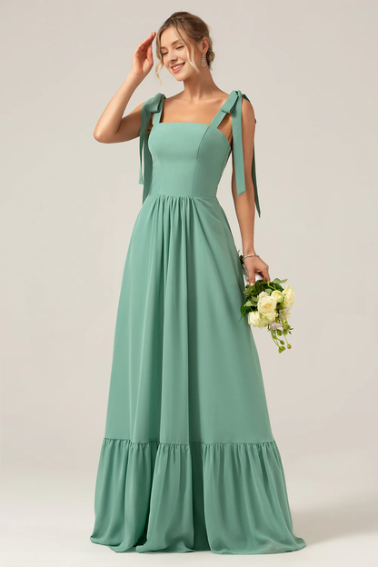 A-line slim shoulder strap pleated and ground length eucalyptus bridesmaid dress