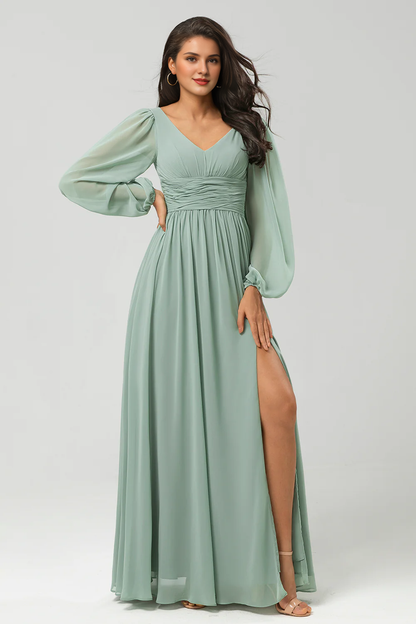 Matcha A-line pleated chiffon and floor slit bridesmaid dress