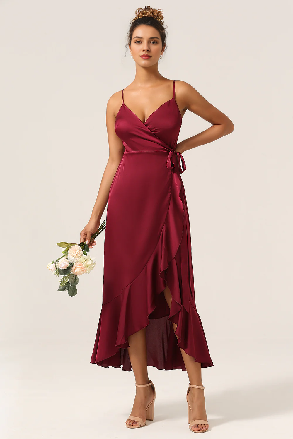 Wine red ruffled asymmetrical thin shoulder bridesmaid dress