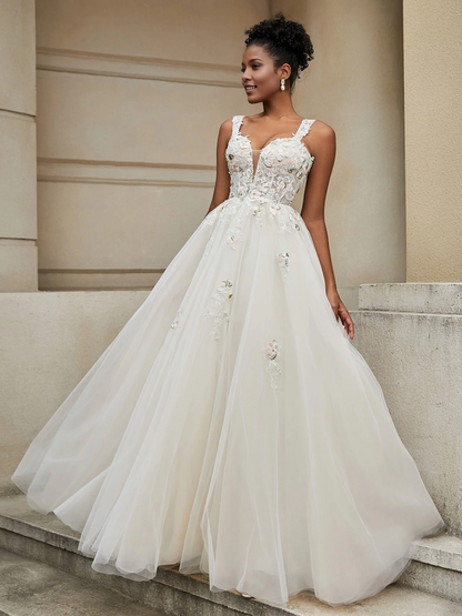 V-neck floral decal chiffon wedding dress