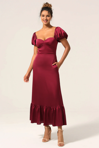 Wine red tight square neck tea long pleated satin bridesmaid dress