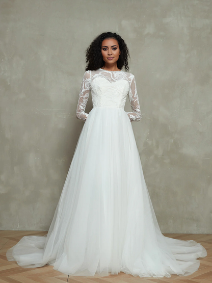 Lace top fantasy collar sheer dress wedding dress