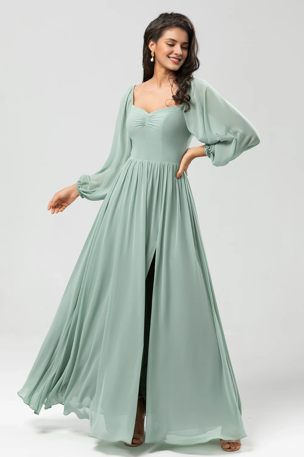 Matcha A-line slit open shoulder chiffon bridesmaid dress