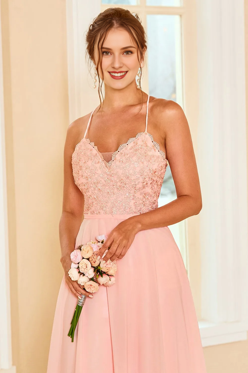 Lace thin shoulder belt powder blusher backless strapping floor length bridesmaid dress