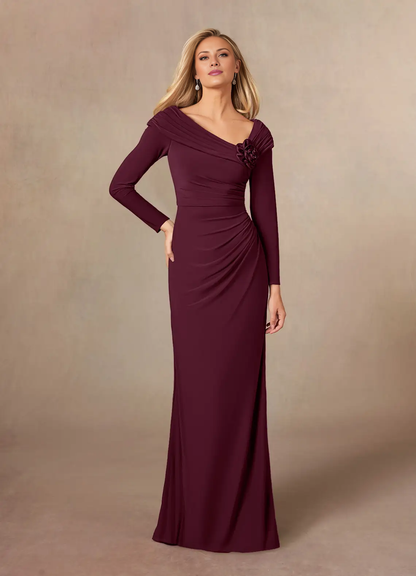 Tight off shoulder satin and floor length mothers of the bride dresses