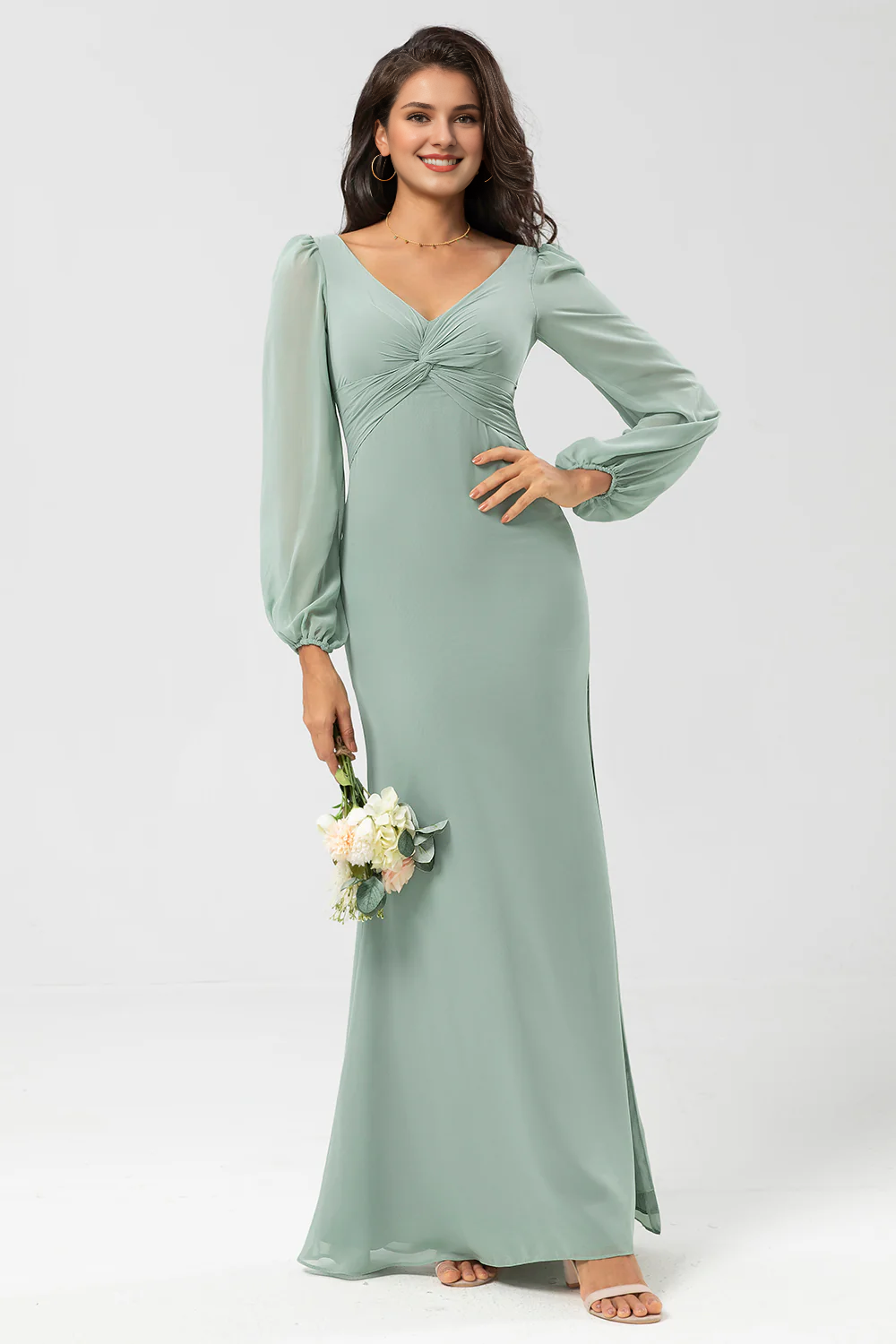 Matcha tight V-neck chiffon knot with slit long bridesmaid dress