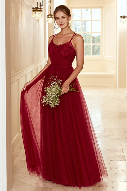 Wine red lace thin shoulder strap and floor length bridesmaid dress