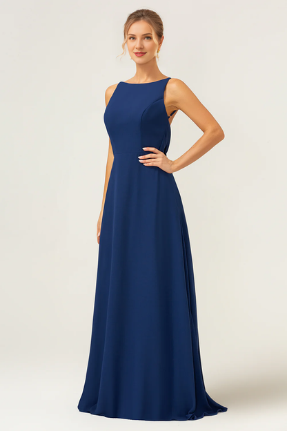 Fish tail backless long chiffon navy blue sleeveless bridesmaid dress