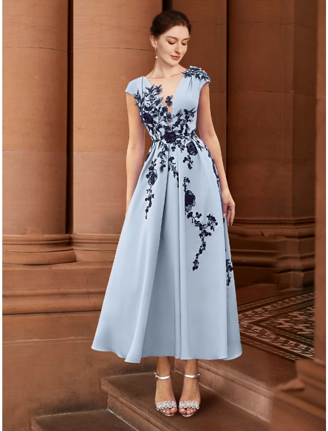 A-Line Mother of the Bride Dress Wedding Guest Elegant Illusion Neck Ankle Length Stretch Chiffon Cap Sleeve with Appliques Ruching