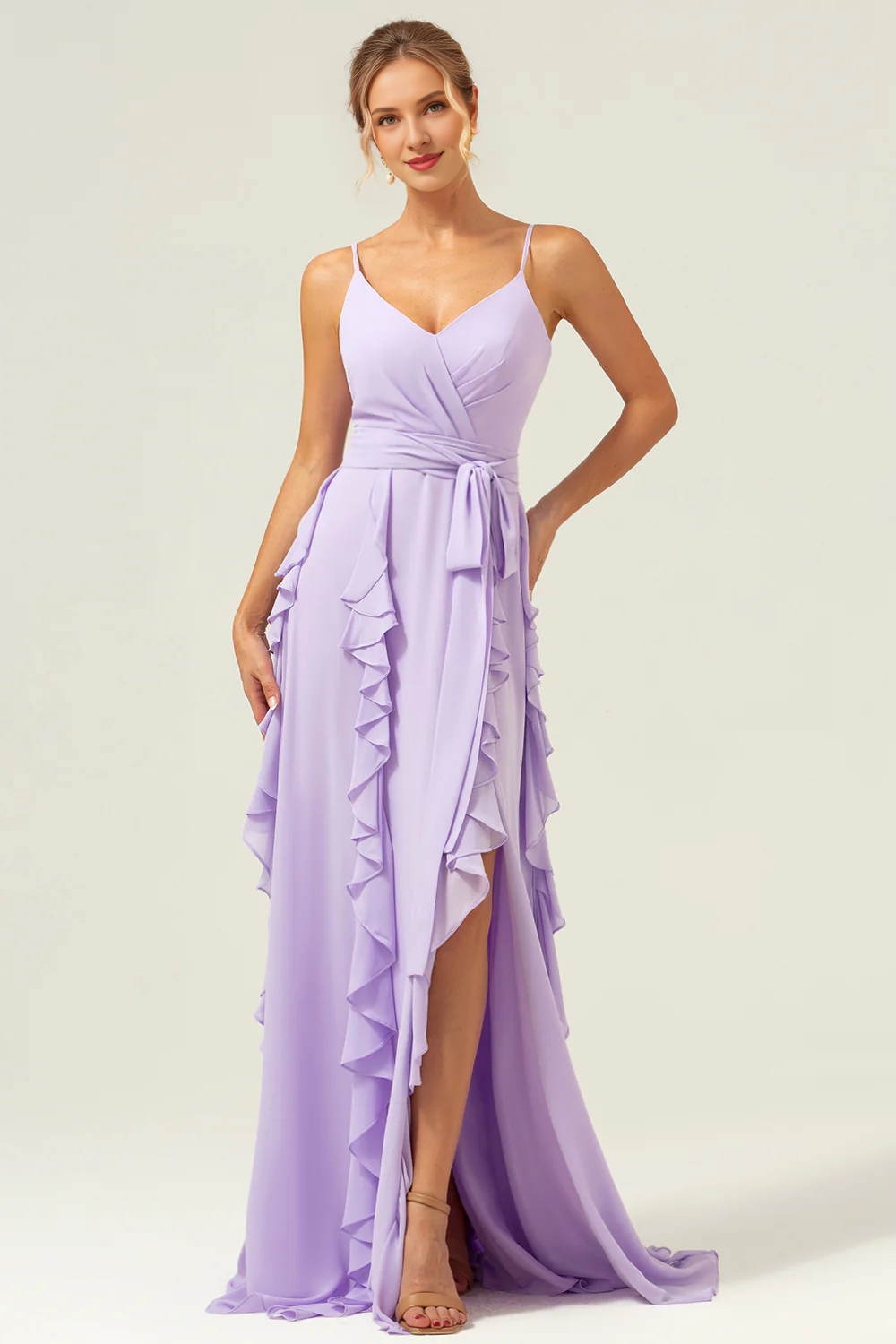 Lilac purple A-line slim shoulder chiffon long slit ruffled bridesmaid dress