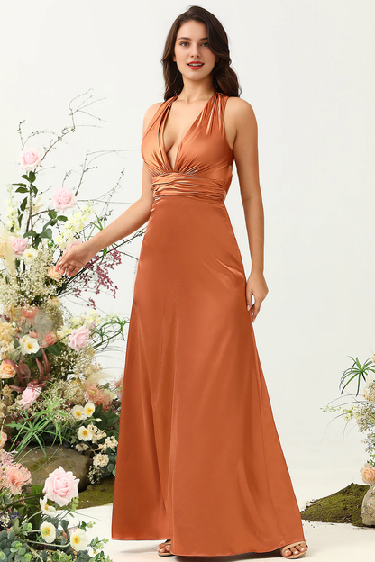 Copper A-line V-neck backless shiny satin bridesmaid dress