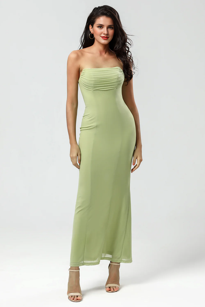 Lemon green mermaid strapless and floor slit bridesmaid dress