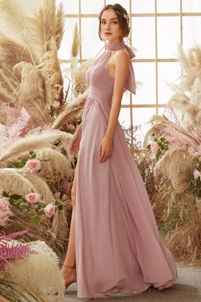 Hanging neck pleated chiffon bridesmaid dress