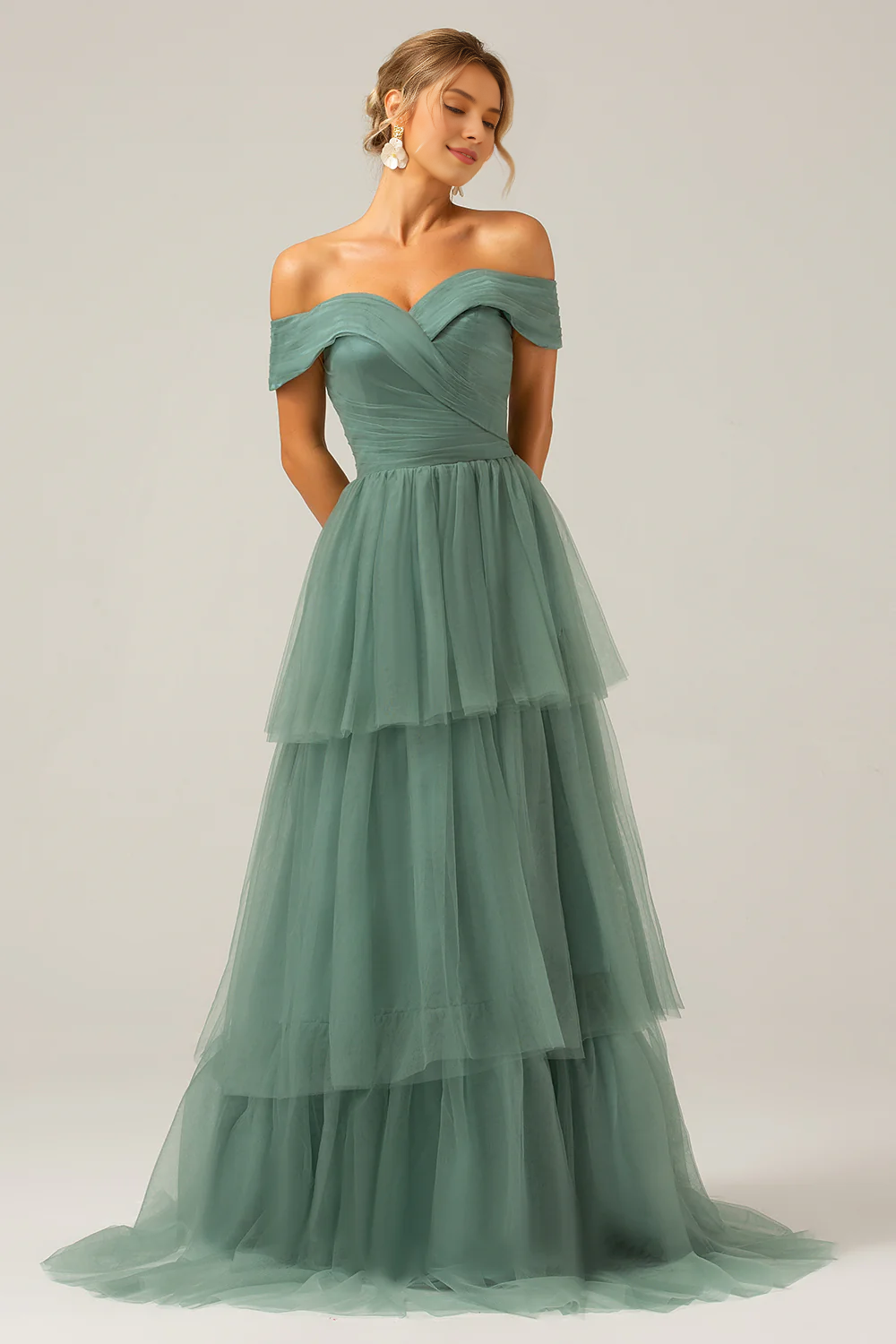 Grey green A-line off shoulder pleated layered long bridesmaid dress