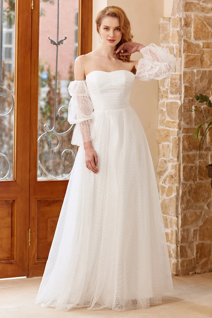 White chiffon off shoulder and floor length wedding dress