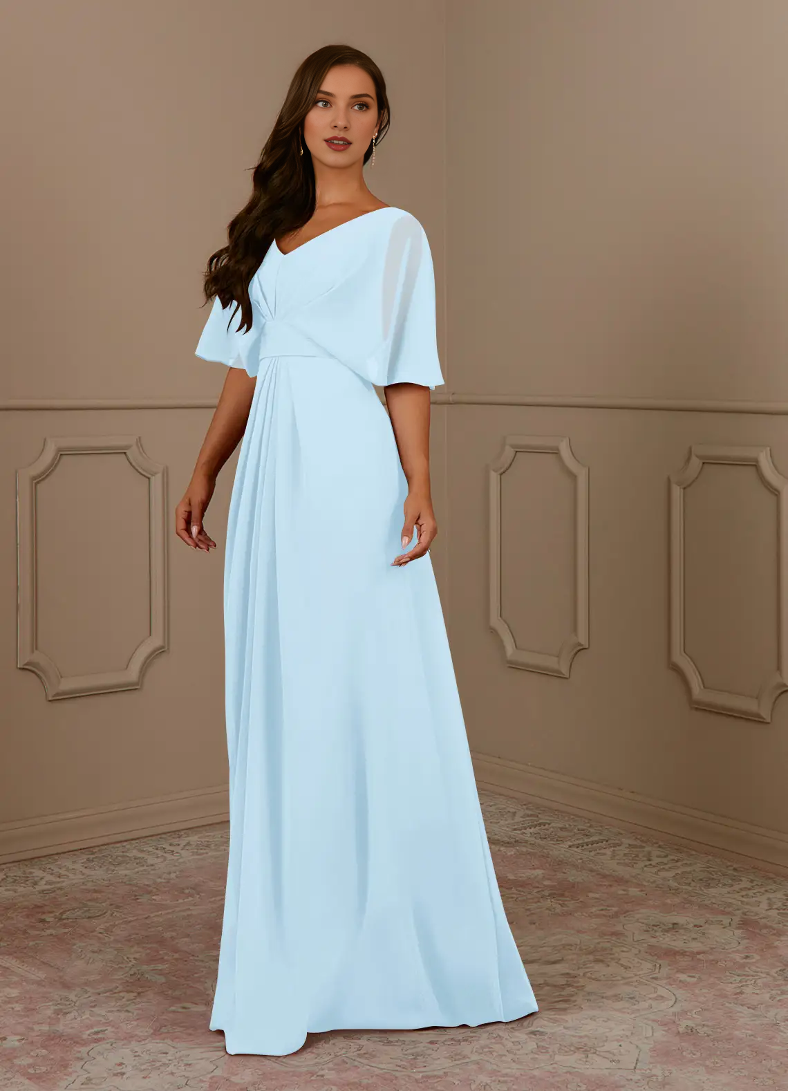 A-line V-neck pleated chiffon and floor length mother of bride dress