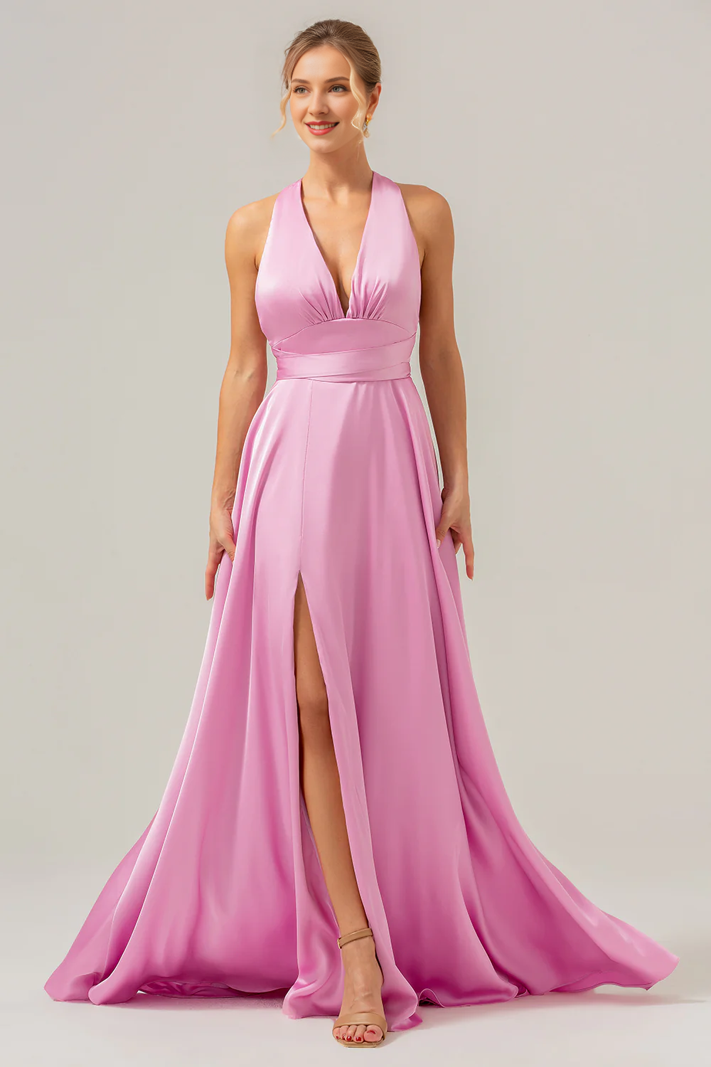 Pink A-line deep V-neck lace up back long slit satin bridesmaid dress