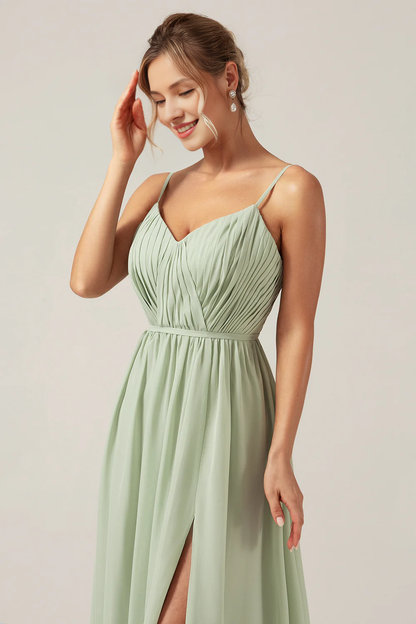 Dusty Sage A Line slim shoulder pleated bridesmaid dress