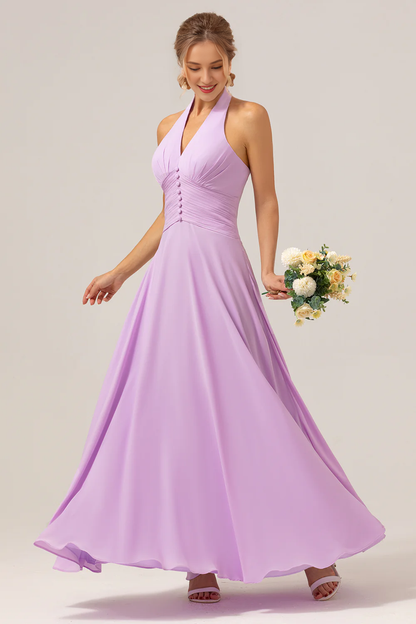 A Line neck hanging backless pleated chiffon long purple buckle bridesmaid dress