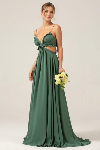 A-line thin shoulder strap backless chiffon eucalyptus long bridesmaid dress