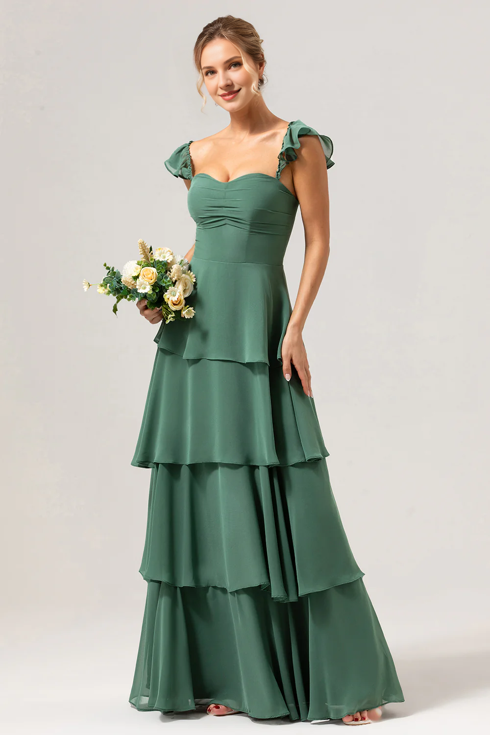 Eucalyptus A-line off shoulder layered bridesmaid dress