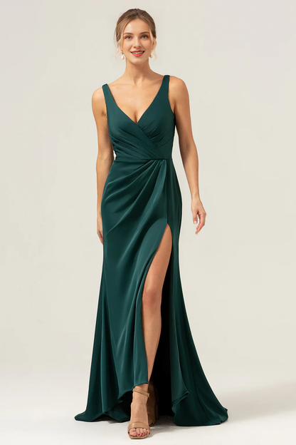 Deep green fish tail V-neck pleated high-low slit satin bridesmaid dress